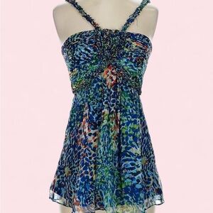Y2K blue floral print ruffle trim halter top